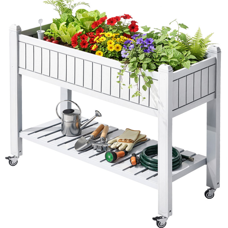 Resin Planter Box With Wheels, White