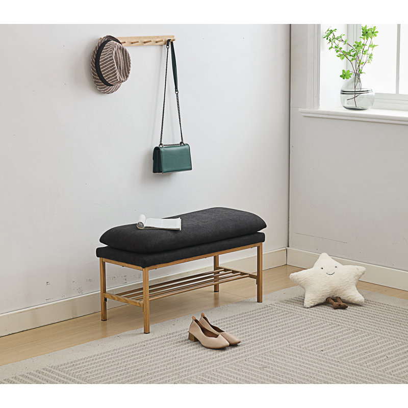 Banc de bout de lit avec tablette, banc de rangement pour chaussures rembourré, banc de chambre moderne avec pieds en métal