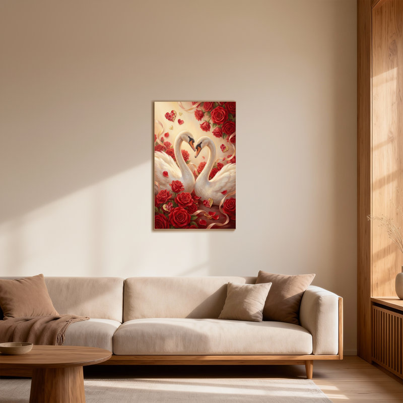 Saint-Valentin, cygnes, roses, cœurs, rubans, amour, art élégant, H 30 po x l 20 po