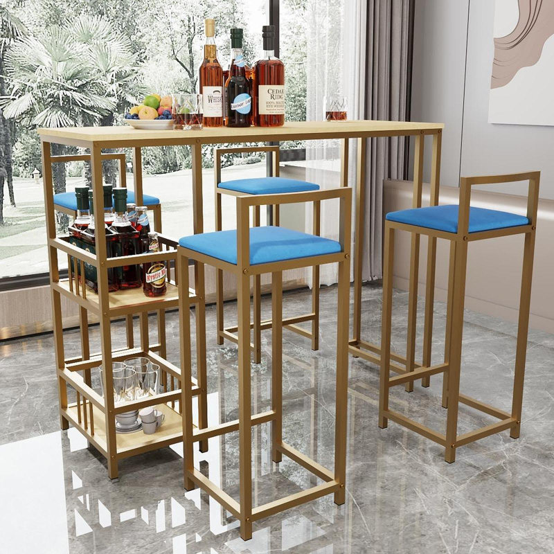 Ensemble de table de bar et chaise cinq pièces, structure dorée, plateau de table multicouche, coussin de chaise et dossier en éponge, table avec fonction de rangement (or + beige + bleu)