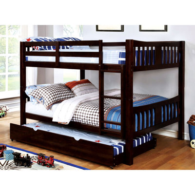 Full Over Bunk Bed In Transitional Design, Attached , Solid Wood With Veneer, Dark Walnut Shade, Rails And Lock Joint, 13 Pc. Slats On Upper Lower Beds, Trundle Not Included Bed, Build, Color, Slats,