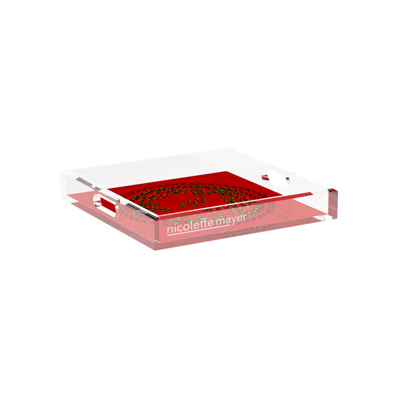 Christmas Berries Green Red Acrylic Square Decorative Tray, 12"W x 12"D x 2"H