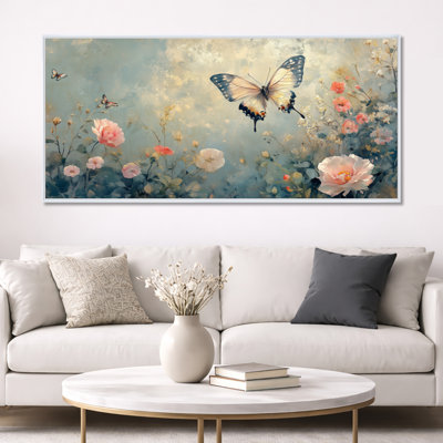 «Pink Green Butterfly Gardens», reproduction d'art sur toile, art mural Boho Large