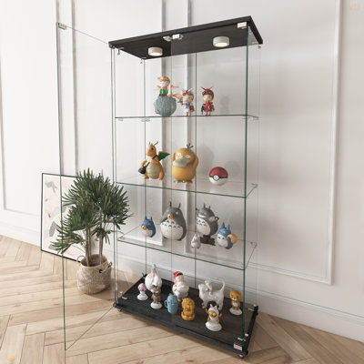 Vitrine moderne en verre avec lumières DEL, armoire antique à assemblage rapide, bibliothèque en verre trempé, convenant au salon et aux chambres à coucher, 2 tablettes à 3 portes