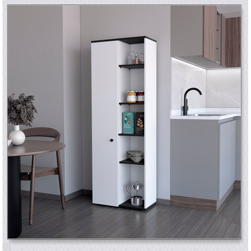 Garde-manger à 1 porte blanc et noir avec 5 tablettes fixes pour un rangement organisé et élégant, Blanc/Noir