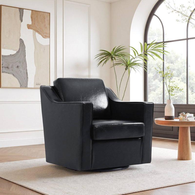 Bronnen Big And Wide Upholstered Black Faux Leather Cushion Swivel Armchair with Removable Back and Seat Cushion, Black