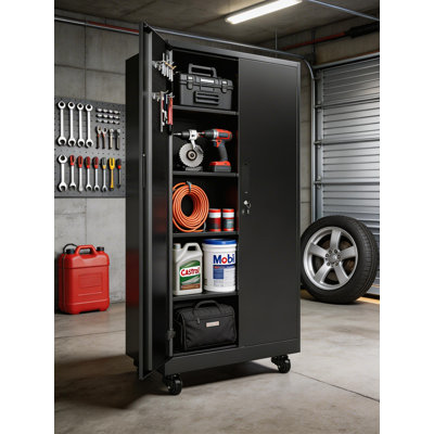 Black Steel Heavy-Duty Garage Locker With Door, Casters, 4 Adjustable Shelves, Lockable Tool Cabinet, Includes Hanging Panel And 8 Strong Hooks.