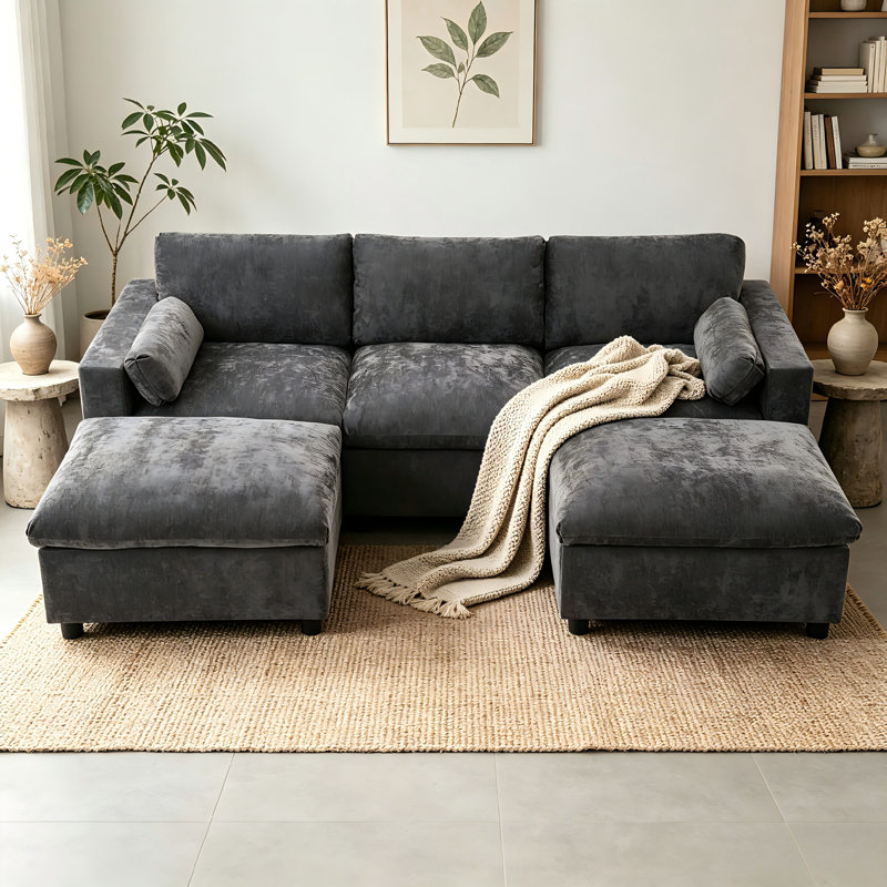 Canapé modulaire 86,5 po en forme de U avec poches de rangement et 2 repose-pieds mobiles, canapé en nuage de chenille 5 places