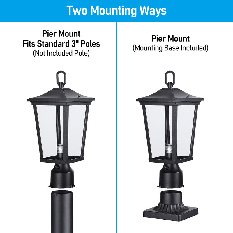 Dusk To Dawn Outdoor Post Lantern, Rectangular Clear Glass Exterior Post Light, E26 Base, Black