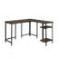 Bureau rustique en L avec tablettes réglables et compartiments cachés, durable et élégant pour tout bureau à domicile.