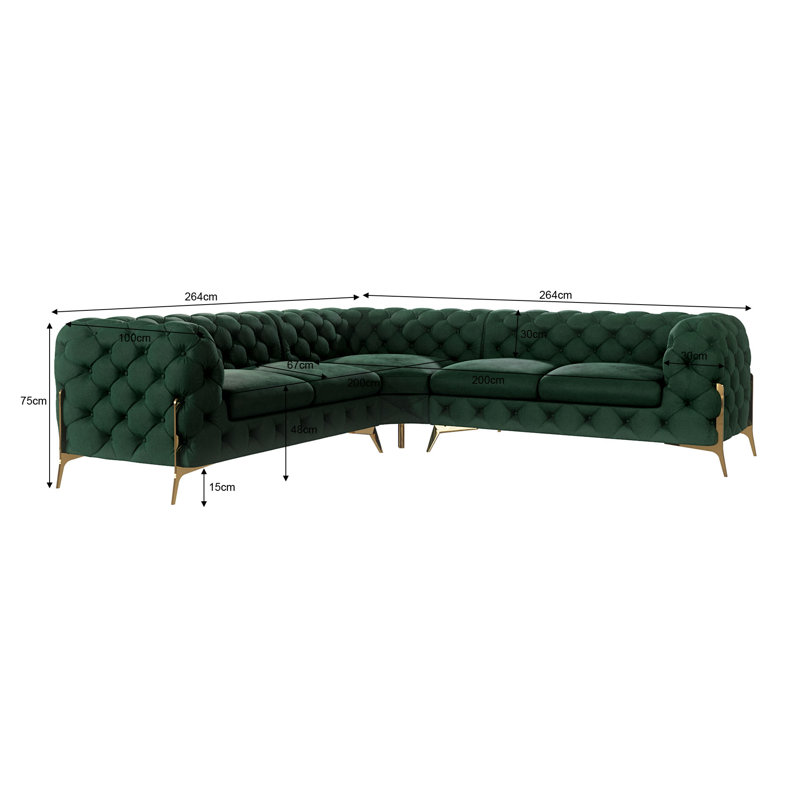 Chesterfield Corner Sofa L-Shape  with Gold Metal Legs, Bottle Green