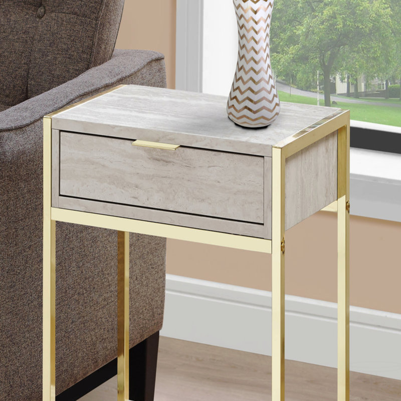 Table d'appoint, côté, bout, table de chevet, lampe, tiroir de rangement, stratifié, métal doré, contemporain, moderne, Beige
