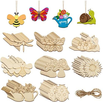 80 pièces d'ornements de printemps en bois à peindre, 8 styles de bricolage, découpes en bois brutes vierges pour la maison, décorations suspendues, insecte, libellule, papillon, escargot, arrosoir, forme de fleur de champignon