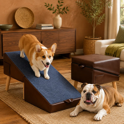 Rampe d'accès pliable pour chien, 2 en 1, de 34 cm de hauteur, avec repose-pieds intégré, pour lits et canapés ; en cuir, design en forme de pouf divisé et marches en bois antidérapantes pour chiots, chiens âgés ou blessés et chats.