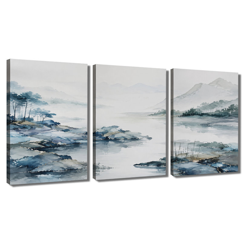 3 panneaux d'art mural, impression sur toile Misty Mountain Lake, 12 * 18 pouces * 3