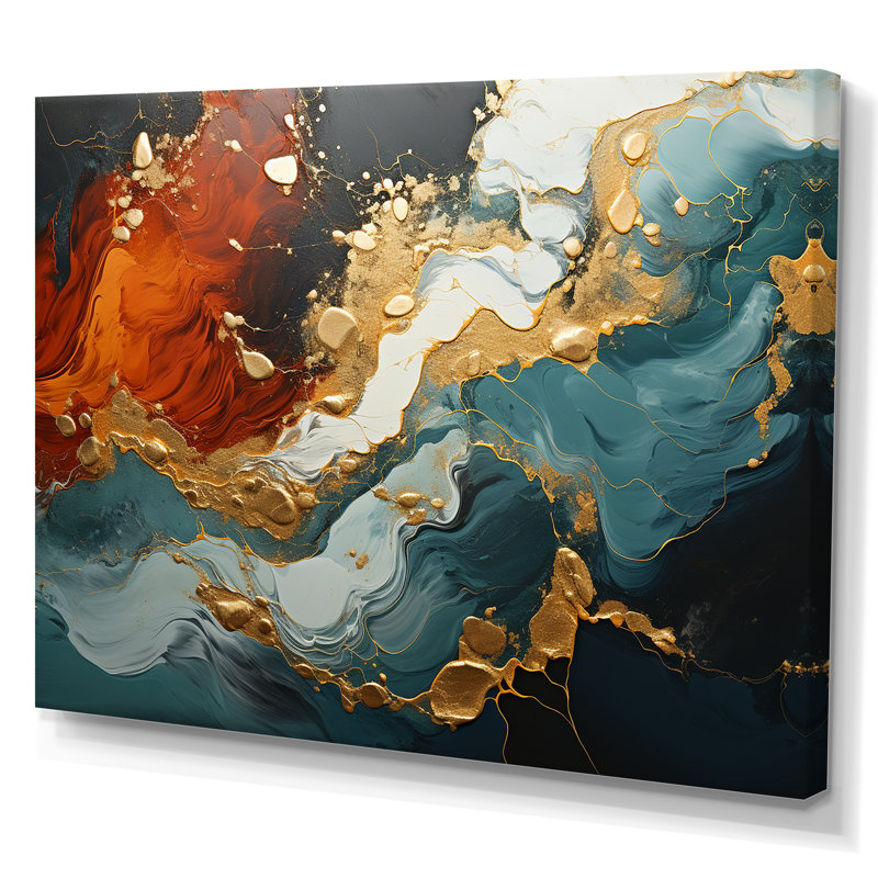 Tempête de marbre bleu et doré I - art mural abstrait, Toile tendue, H 34 po x l 44 po x P 1,5 po