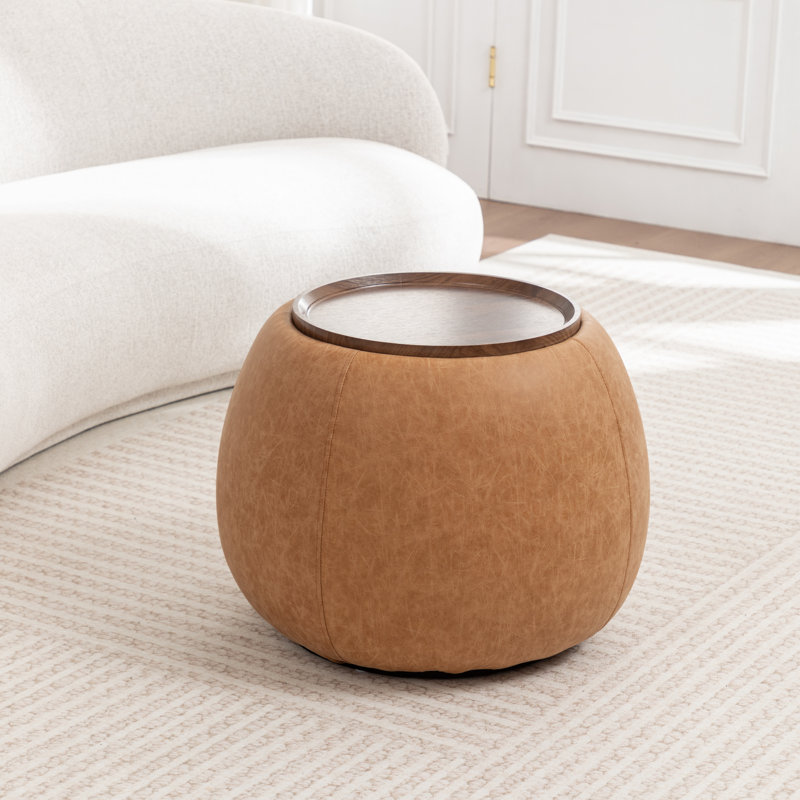 Pietsch Upholstered Round Storage Ottoman With Wooden Tray, Vintage Brown