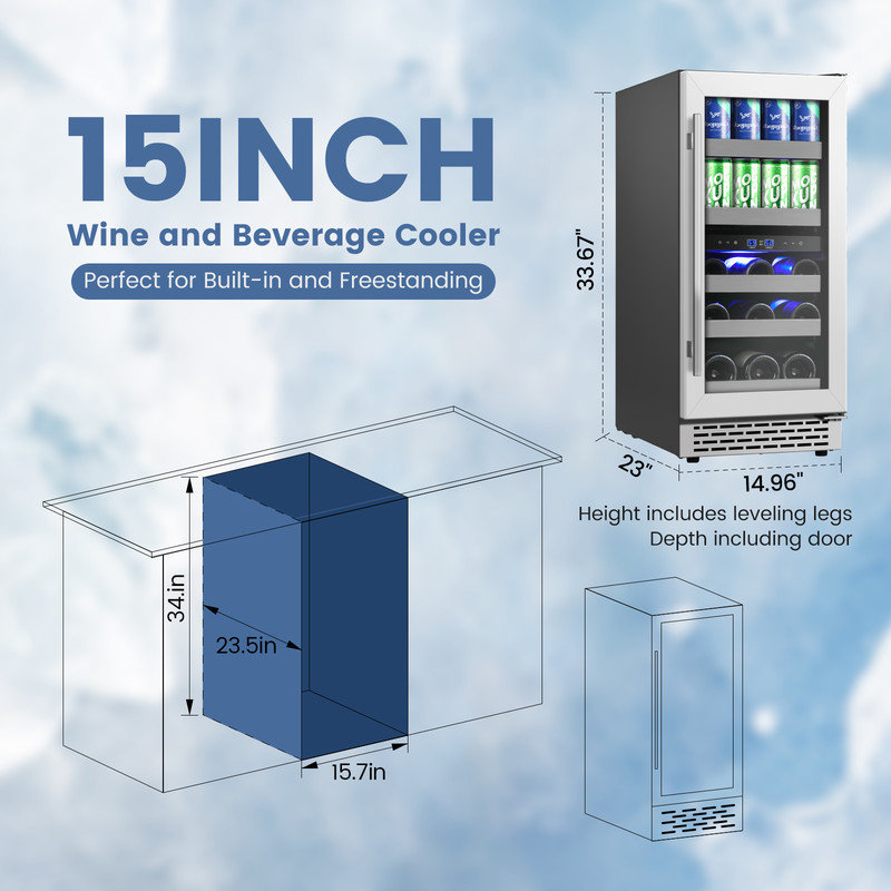 15 Inch Wine & Beverage Refrigerator-13 Bottles & 48 Cans Dual Zone Wine Fridge in Stainless Steel with LED Light&Reversible Door