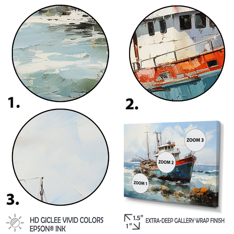 Nautique, bateau, pêche, aventure - Bateau côtier, art mural, Cadre flottant doré, H 16 po x l 32 po x P 1 po