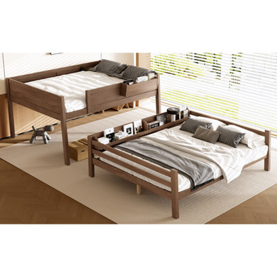 Grand lit superposé avec tablette de rangement et bibliothèque, lit superposé en bois avec échelle et garde-corps, conception détachable, bois rétro.