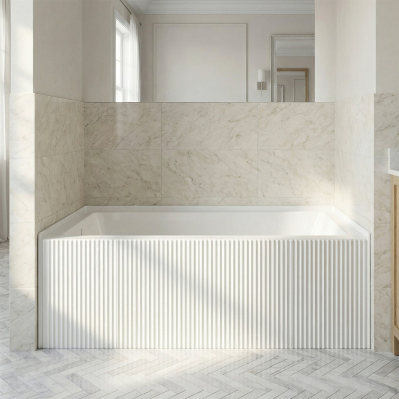 Baignoire en alcôve de 60 po en acrylique avec tablier cannelé, acrylique renforcé avec fibre de verre, blanc brillant, base antidérapante