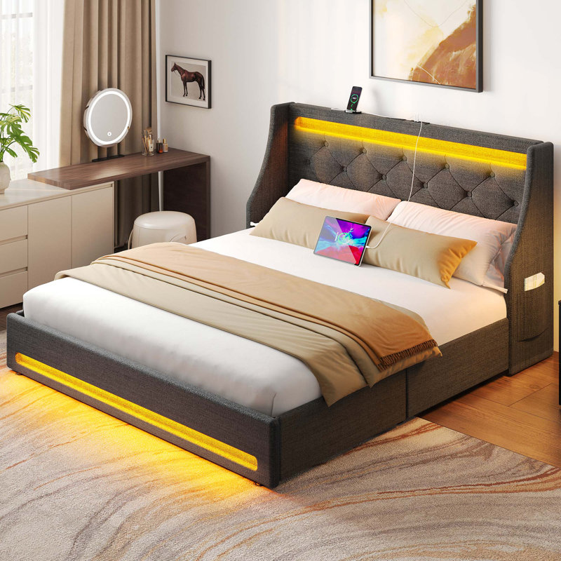Upholstered Platform Bed Frame with Wingback Headboard & LED Lights& 4 Storage Drawers, Queen, Dark Gray