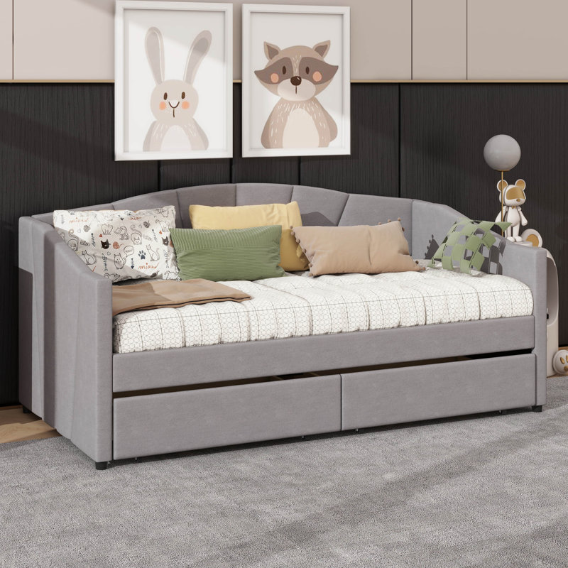 Upholstered Twin Size Daybed With Dual Drawers, Gray