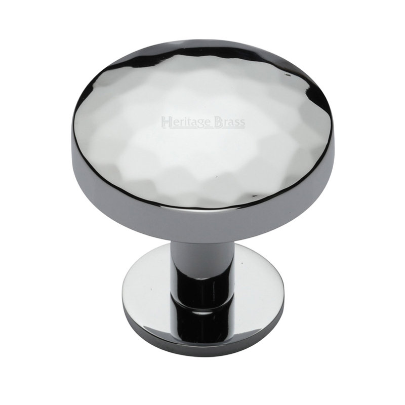Heritage Brass Cabinet Knob Round Hammered Design with Rose, Polished Chrome, 32mm