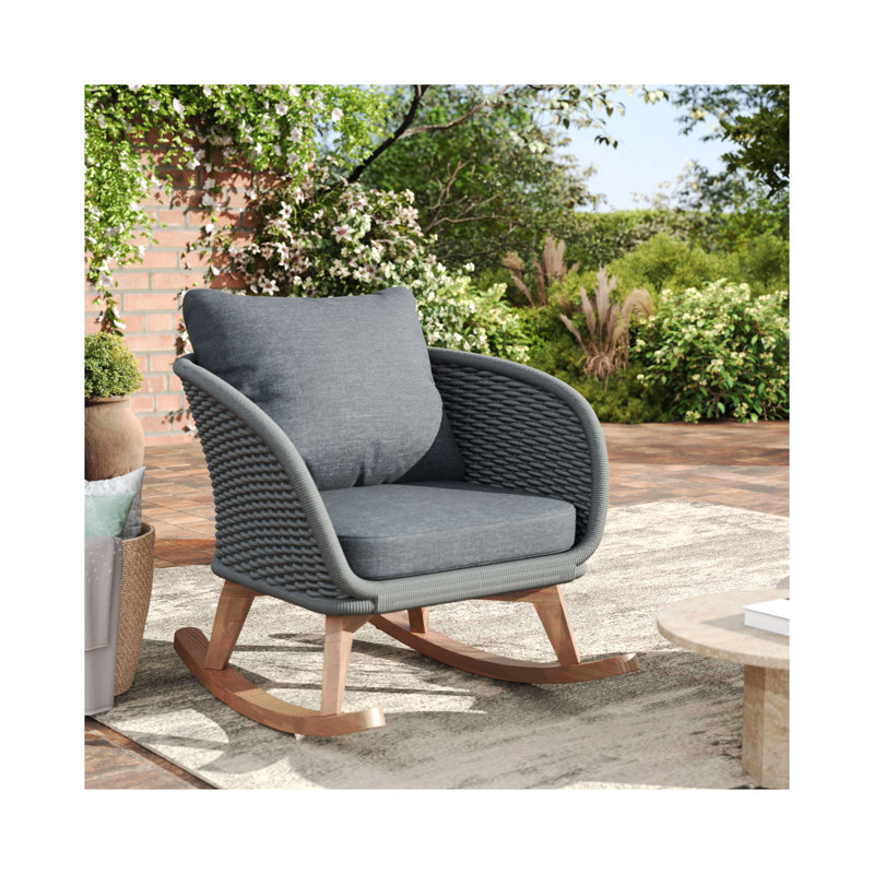 Chaise berçante en osier tissé avec cadre en bois et coussin en polyester, Gris, Gris
