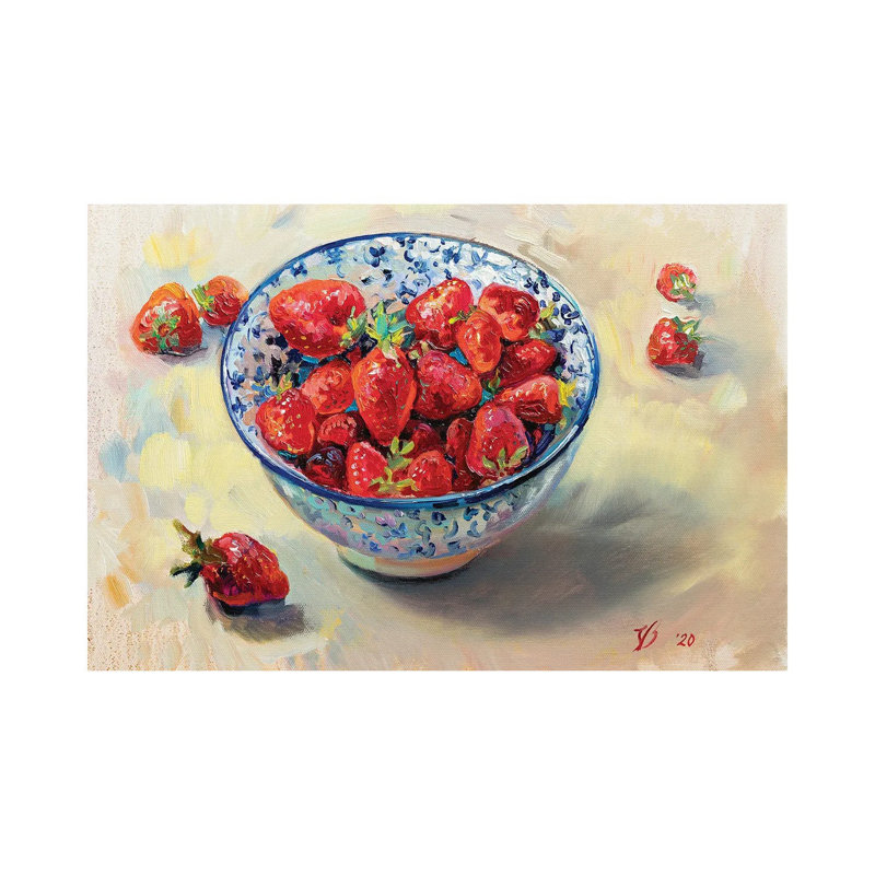 Strawberries In A Blue White Cup by Katharina Valeeva - Wrapped Canvas Painting, 20.32 cm H x 30.48 cm W