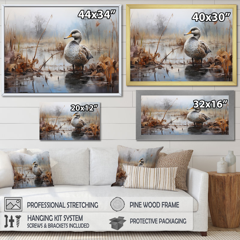 Misty Marsh Duck IV - Art mural animal canard, Cadre d'angle fermé doré, H 24 po x l 32 po x P 1 po