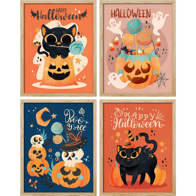 Halloween, Jack O 'Lantern, chat noir encadré sur papier, impression de 4 pièces, Naturel, H 16 po x l 12 po