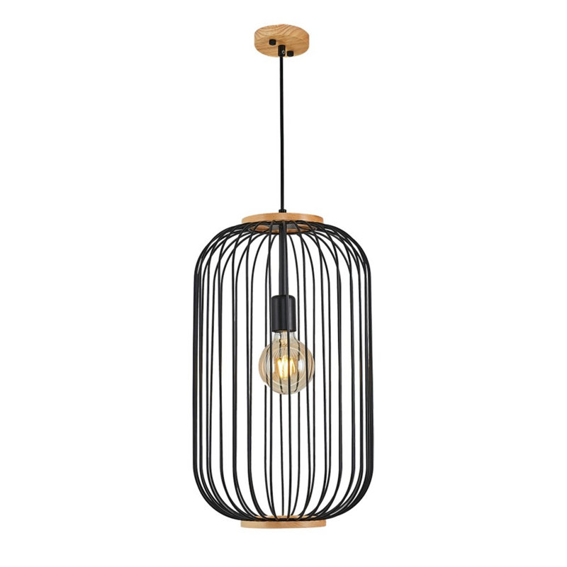 Industrial Wooden Chandelier, Black Finish, 11.8 in Diameter x 47.2 in Height | 1 x E27 Socket, Max 40W | Stylish Lighting for Modern Homes & Offices, Elegant Plain Design, Bulb Not Included