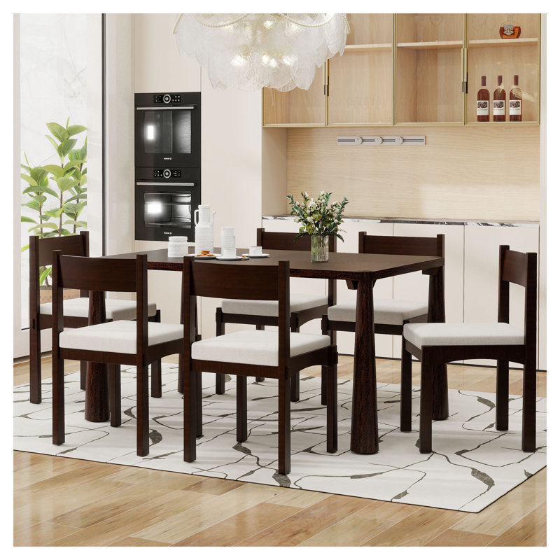 Ensemble de table de salle à manger pour 6 personnes Trexm, finition bois espresso avec fabrication en bois massif, Beige