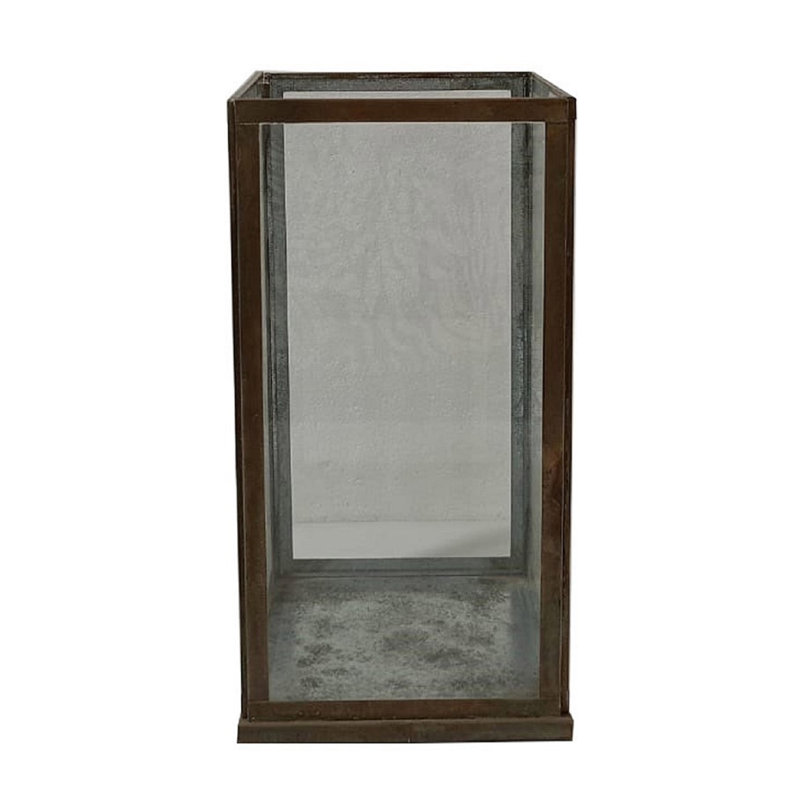 Petit porte-bougie antique en fer et verre, H 12 po x l 6,3 po x P 6,3 po