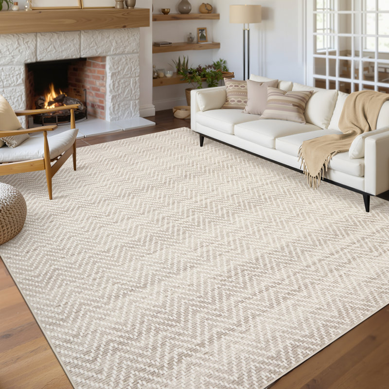 Très grand tapis lavable rayé sans bordure 9 pi x 12 pi à motif de chevrons, Beige, Rectangle 9' x 12