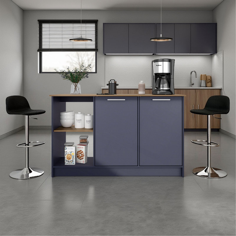 Îlot de cuisine H 35,7 po, 2 portes, 6 tablettes, bleu Alby / chêne naturel - Cuisine