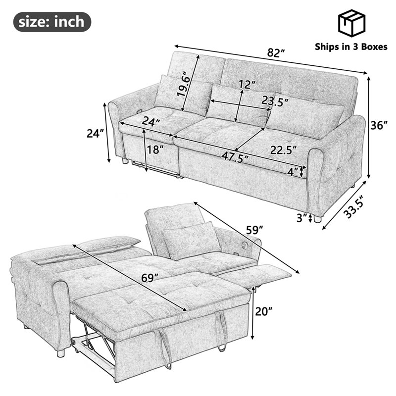 Contemporary Style 2-in-1 Sofa 82" Three-seater Sofa with a Sofa Bed and a Reversible Recliner Sofa for Living Room