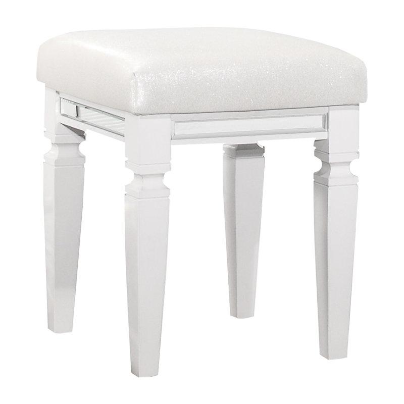 Tabouret de coiffeuse blanc moderne avec similicuir et finition métallique pour l'élégance de la chambre à coucher, profondeur de 15,94 po, largeur, hauteur de 19,5 po, configuration limitée à 250 lb, finition, dimensions de 15,94 po x 15,94 po, capacité, bois