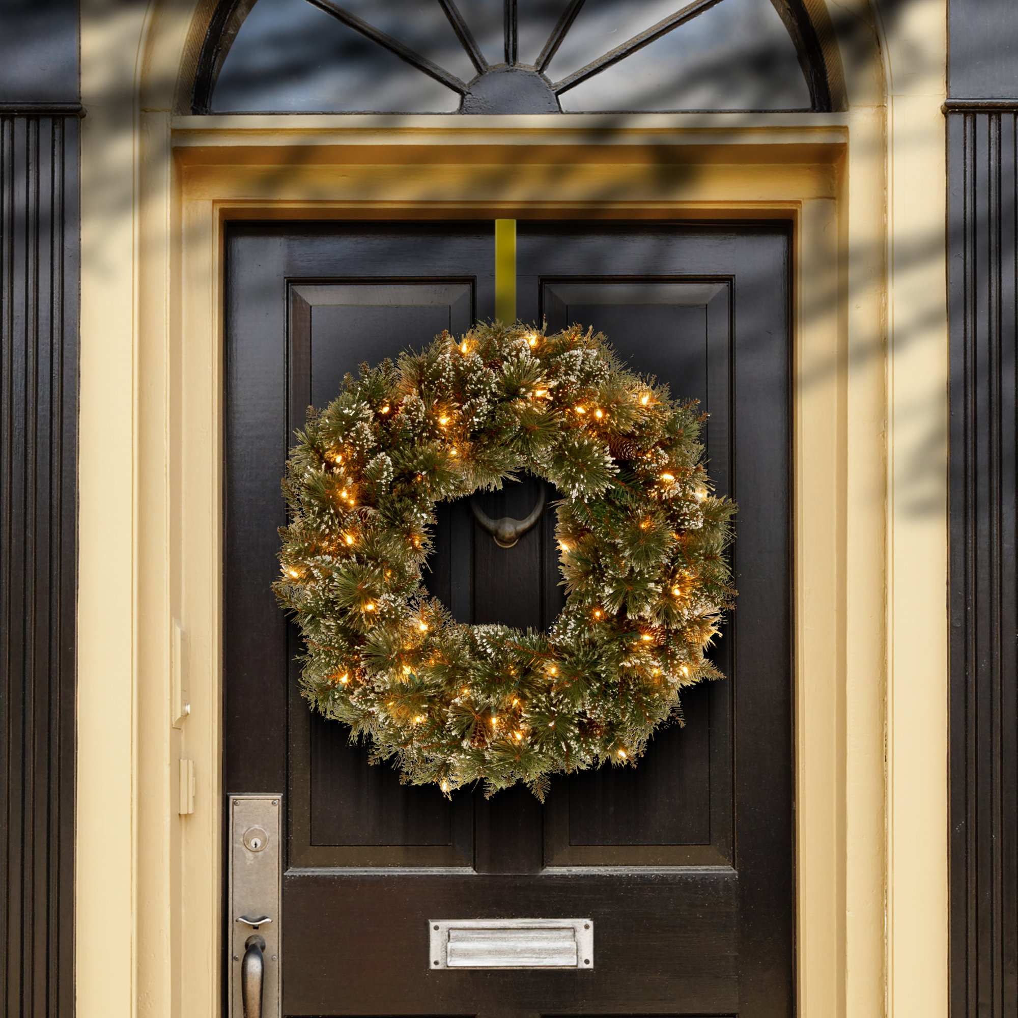 The Holiday Aisle® Glittery Bristle Pine Wreath with Clear Lights, 24" H x 24" W x 5"D