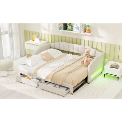 Beige Twin Xl To King Upholstered Daybed, Led , Storage Drawers, Trundle For Extra Space Daybed That Extends King, Upholstered, - Saving Design