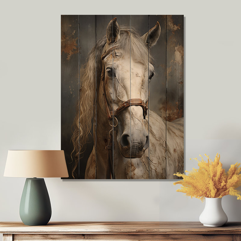 White Horse équestre dualité II sur bois, H 32 po x l 24 po x P 0,78 po