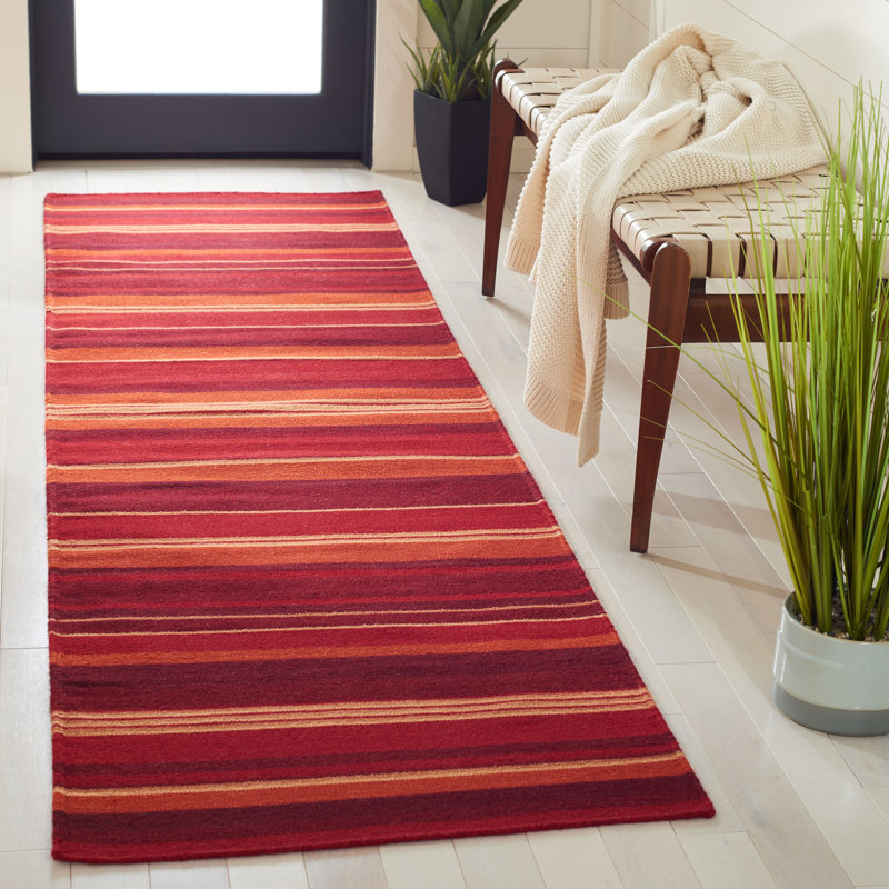 Tapis rayé rouge en laine et coton tissé à la main Kalaiya, Tapis de couloir 2 pi 3 po x 9 pi