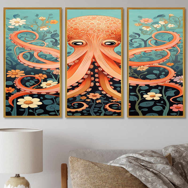 Manahan - ensemble de reproductions d'art mural pieuvre / calmar, Cadre flottant doré, H 40 po x l 60 po x P 1 po