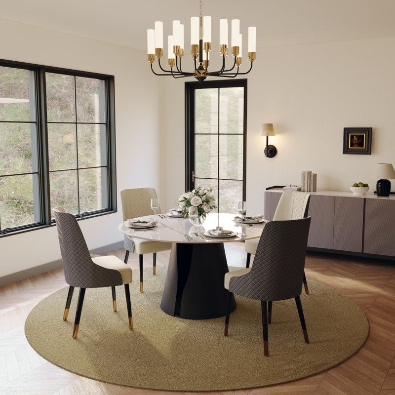  5-Pieces Modern Dining Room Sets (47" Round Dining Table + 4 Chairs) Pre-Assembly, Sintered Stone Tabletop Kitchen Dining Table Set with PU Upholstered Chairs