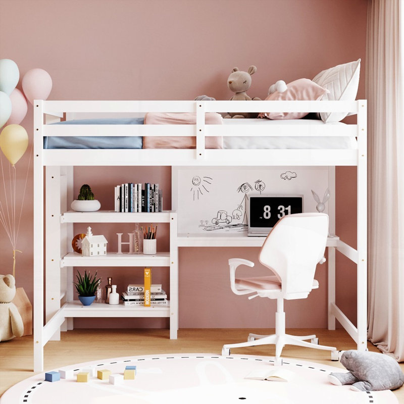 Lit mezzanine double en bois avec tablettes, bureau et amp; Tableau d'écriture - Blanc (L 79,5 po x l 57 po x H 65 po, aucun sommier nécessaire, robuste et durable)