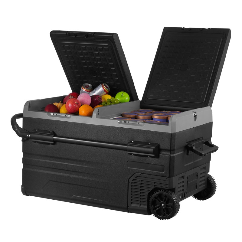 Réfrigérateur et congélateur portatifs à double zone de 115 L avec roulettes, contrôle de la température de -20 °C à 20 °C, compresseur 12/24 V CC et 100-240 V CA pour le camping, les véhicules récréatifs et les activités de plein air.
