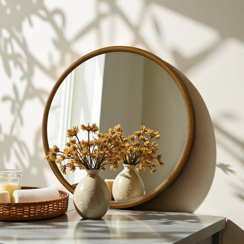 36'' Leyburn Modern Round Solid Natural Wood Framed Wall Mounted Mirror For Bathroom&Bedroom, Natural, 36" x 36"