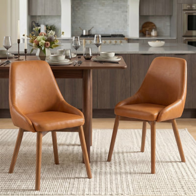Ensemble de 2 chaises de salle à manger modernes en similicuir rembourrées avec pieds en bois massif, chaises d'appoint Mid-Century pour salle à manger, salon, noir