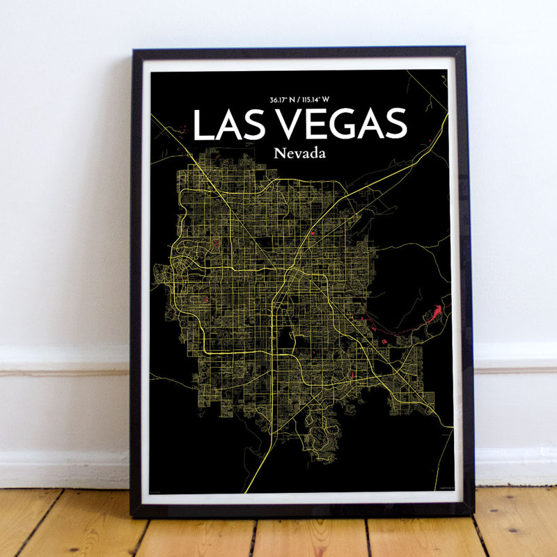 « las vegas city map », reproduction d’impression sur affiche en contraste, H 17 po x l 11 po x P 0,05 po